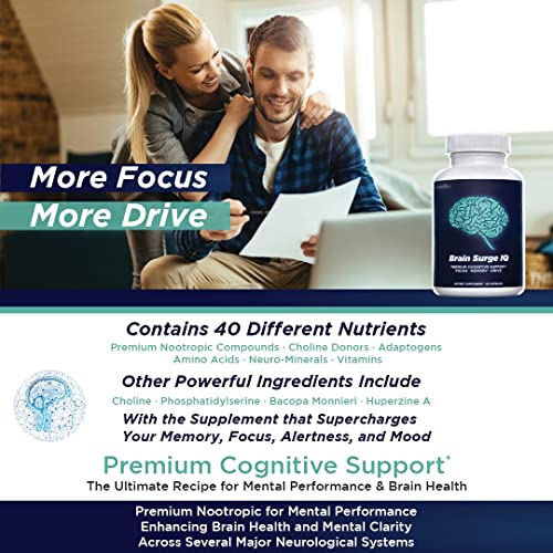 Wellnessesity Brain Surge Iq - Memory, Focus, Concentration 40 Powerful Nootropic Ingredients Bacopa Monnieri, Choline, Dmae & Huperzine A(5) #TOP3