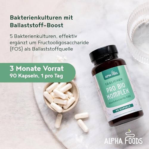 Kulturen Komplex | mit 6 Mrd KBE | 5 Bakterienstämme und Fructooligosaccharide | 90 Kapseln | Bakterienkulturen mit Lactobacillus & Bifidobacterium | Verdauungshilfe für den Darm | Vegan | Alpha Foods