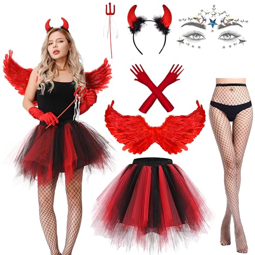 Aragallant Teufel Kostüm Damen, 7 Stück Engel Kostüm mit 80CM Engel Flügel Heiligenschein Zauberstab und Strumpf, Verkleidung Damen für Karneval...