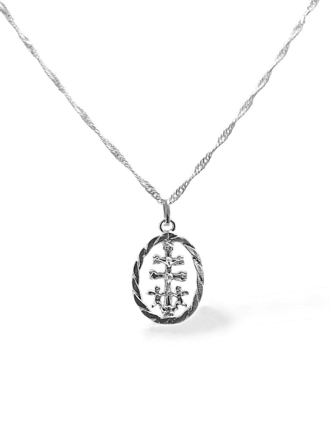 Sebaoth Medalla Cruz de Caravaca Bendecida con Angeles 23mm + Cadena Singapur 45 cm cuello mujer - Plata de Ley