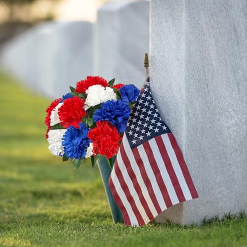Image of 4PCS Memorial Day Flower Red White and Blue Chrysanthemum 13 inch Patriotic Flower Fake Silk Cemetery Flower Arrangement for July Independence Day Grave Centerpiece Home Decor(NO VASE)