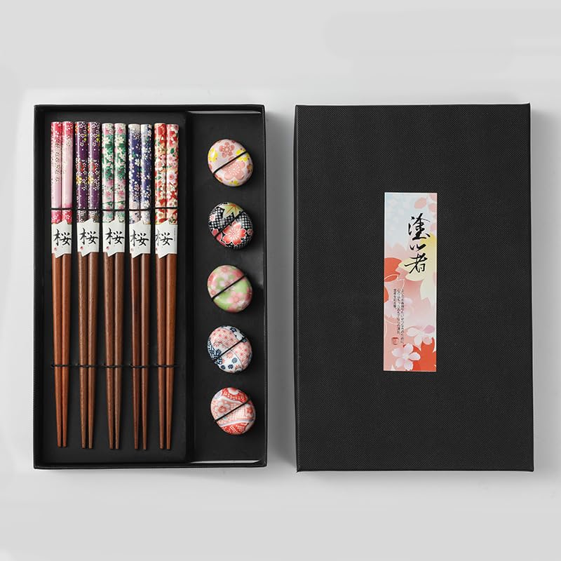 Set palillos japoneses regalo caja elegante soporte cerámica gato flores bambú madera reutilizable cocina asiática sushi ramen colorido premium diseño tradicional amigo invisible (FLOR1)
