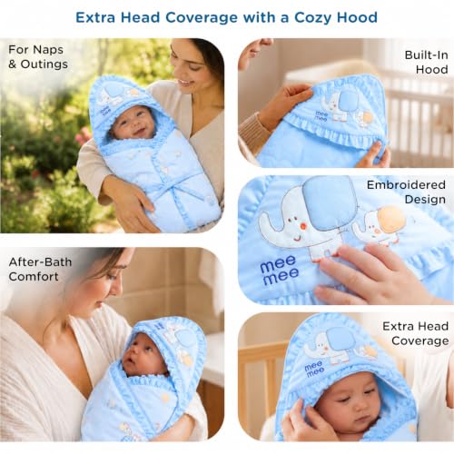 Image of Mee Mee 3-in-1 Baby Wrapper & Carry Nest for Newborns | Soft Breathable Cotton Swaddle with Hood and Cushion | Adjustable Tie-Up Design | Lightweight, Cozy & Easy to Carry (0-6 Months) (Blue)