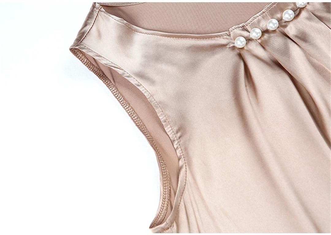 Donne Perline Gilet Senza Maniche Top Tinta Unita In Raso Di Seta Canotte