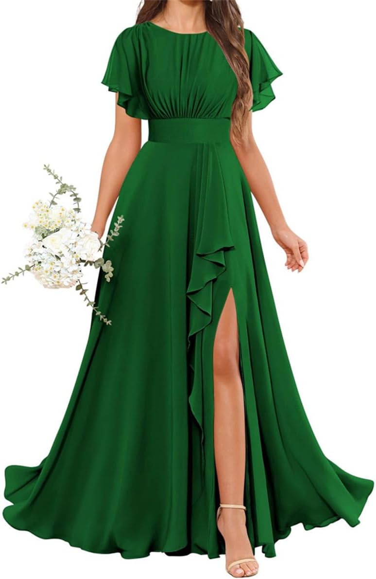 Women's Chiffon Bridesmaid Dress for Wedding with Slit Prom Gowns Pleats Long Cocktail Dresses Black