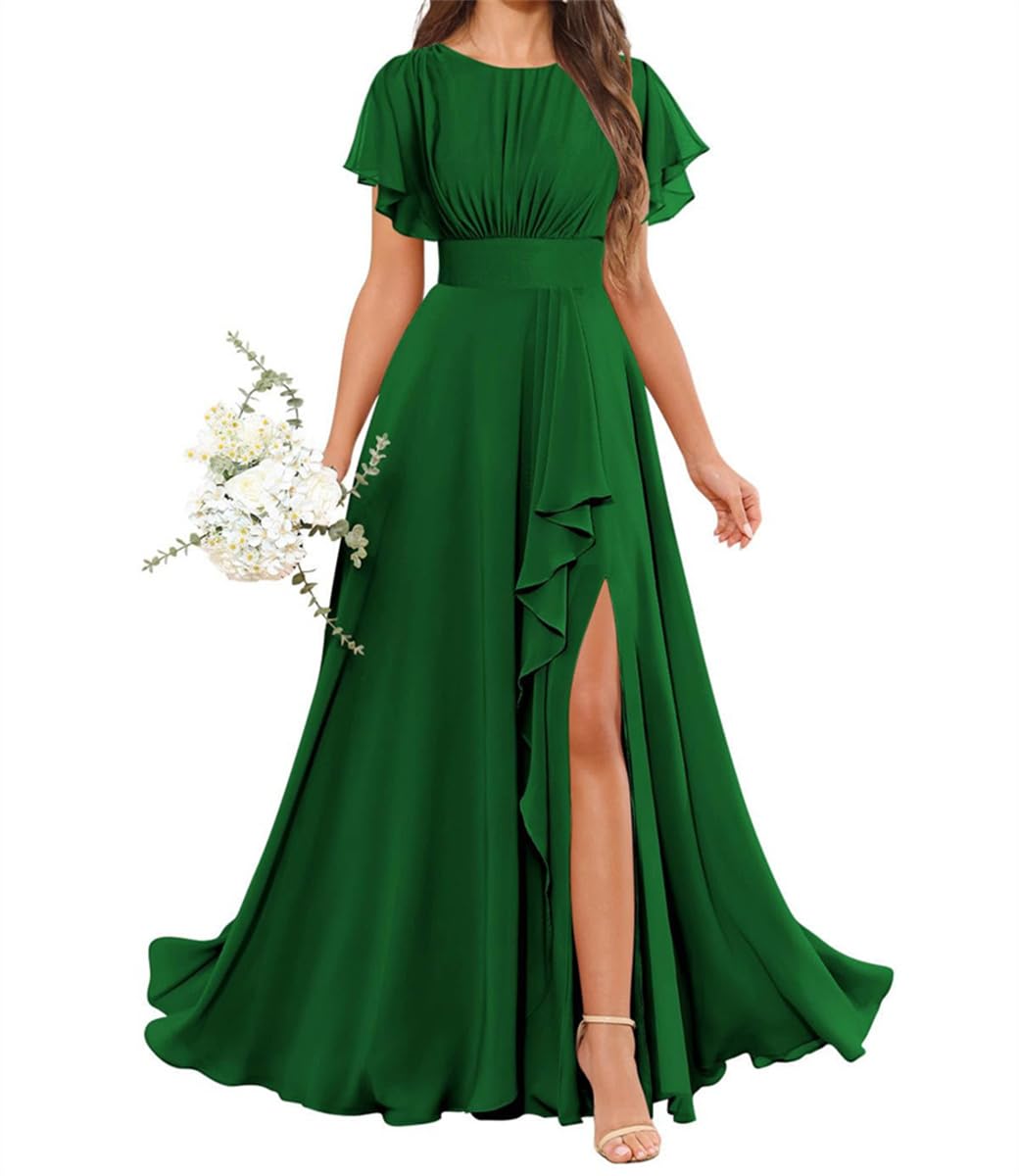 Women's Chiffon Bridesmaid Dress for Wedding with Slit Prom Gowns Pleats Long Cocktail Dresses Black