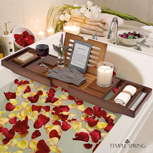 Temple Spring Bath Caddy - Extendable Bath Tray for Bathtub with Candle, Wine Glass, Book, iPad & Phone holders - Adjustable Bath Table shelf over tub with bathroom accessories - (Wood Brown)