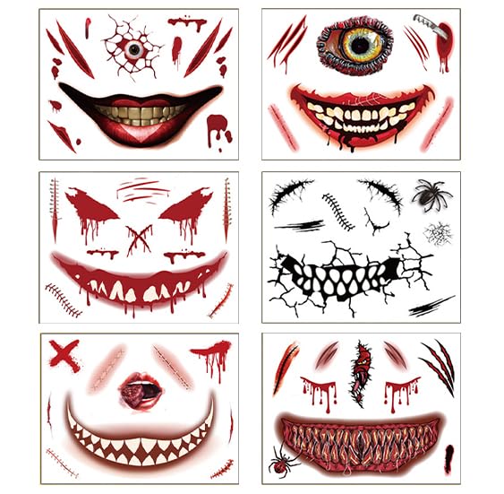 Miniatura 2 de Maquillaje de broma de Halloween 2023, tatuaje temporal para adultos y niños, 6 unidades, calcomanías de tatuaje falsas de boca de payaso,