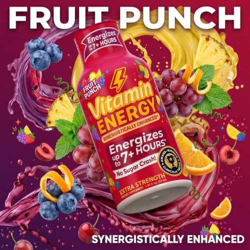 Image of Vitamin Energy Fruit Punch Extra Strength Energy Shot, 24 Pack - Up to 7 Hrs, 260mg Natural Caffeine, Zero Sugar - Green Tea Extract, Immune Support, B12 B6 Niacin, 1.93 fl oz, Keto Vegan