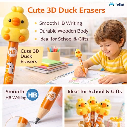 Image of FunBlast Cute Duck Pencils with Cute Erasers on Top - Pack of 6 Cartoon Pencil for Kid with 3D Kawaii Topper, Writing Drawing Tools for Kids, Birthday Return Gift for Kids (Multicolor)