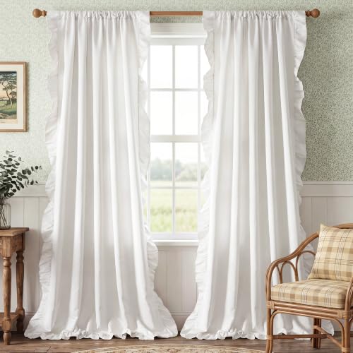 StangH White Ruffle Curtains 52x84 Long 2 Panels Premium Silky Satin Cottagecore Shabby Chic Curtains for Bedroom/Living Room Light Filtering Privacy Romantic Vintage Window Drapes