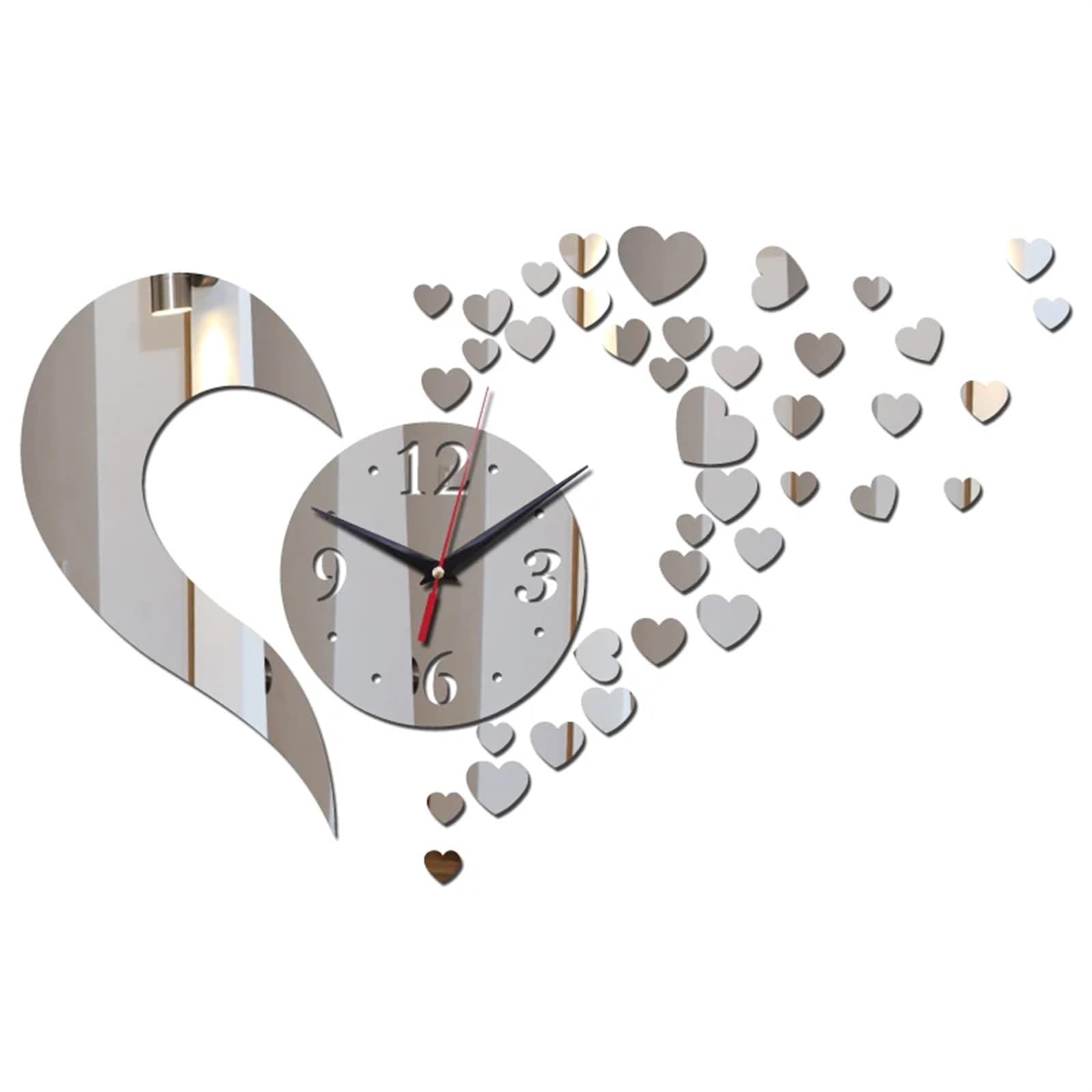 ZXGRfdefa clock, Wall Quartz Clocks Material Hearts Decoration Watches Living Room Diy(Silver)