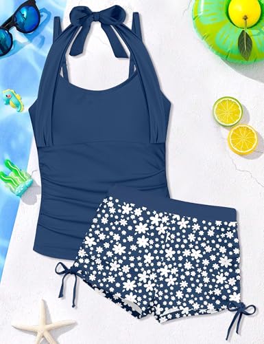 Image of Girls Swimsuit 2 Piece Halterneck Girls Tankini Swimsuit Drawstring Printed Swim Shorts Girl Bathing Suit for 7-18T
