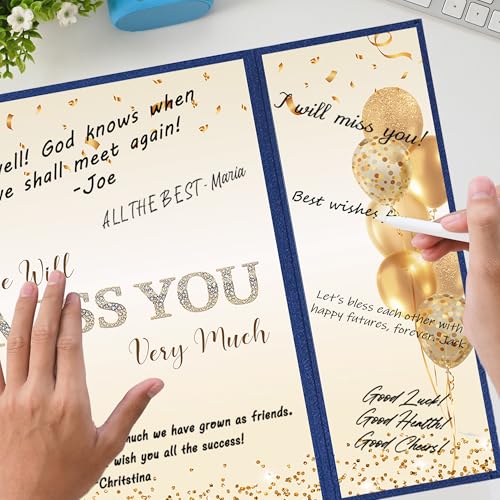 Image of DARUNAXY Blue Gold Farewell Party Decorations, We Will Miss You Very Much Alternative Signature Guest Book for Men Women Going Away Gifts Signing Card Board for Retirement Graduation Party Supplies
