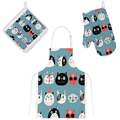 Tablier de cuisine avec poches chat et kit gants pour micro-ondes