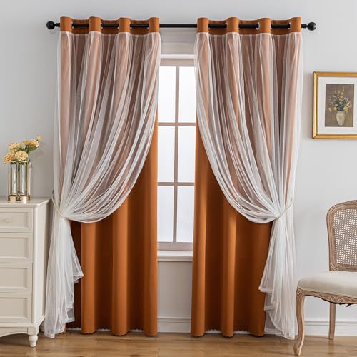 Image of Anytime Double Layer Blackout Curtains 2 Panels,52Wx95L,Orange | Sheer And Fabric Window Drapes Grommet Top Solid Color Bedroom Living Room Home Decor