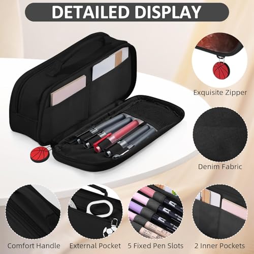 Image of Basketball Pencil Case for Boys - Large Pencil Pouch for Boys with Zipper Compartments & Handle - Big Capacity Pen Organizer Box Bag for Kids Teens School Supplies