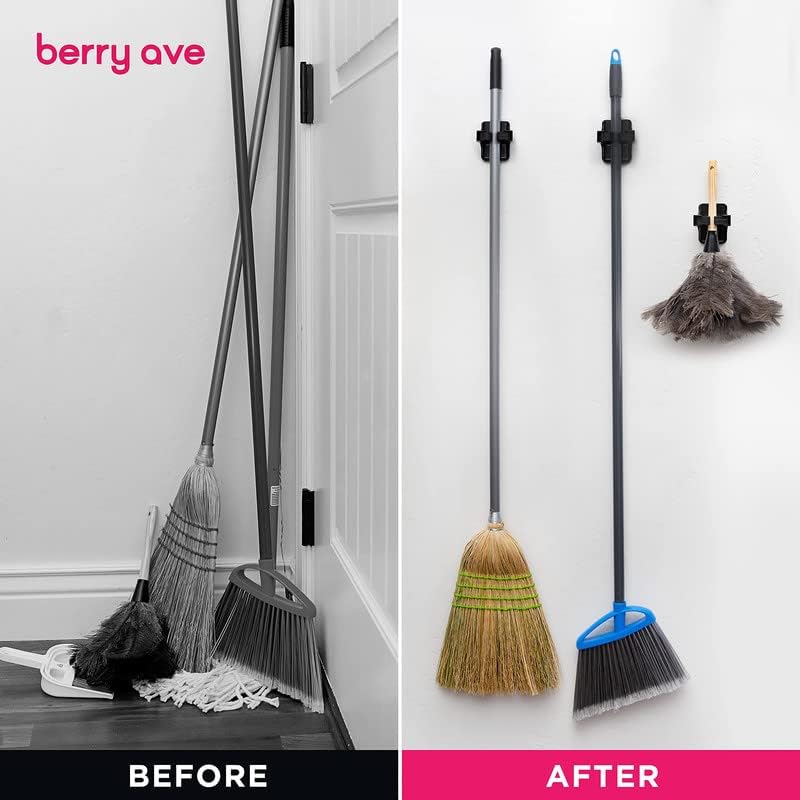 Berry Ave Broom Holder & Mop Grippers [2-Pack]- Self Adhesive, No-Drilling, Wall Mount Tool Organizers For Kitchen, Garage, Laundry Room- Anti-Slip Hanger For Brooms, Mops, Rakes, Dustpans- Black