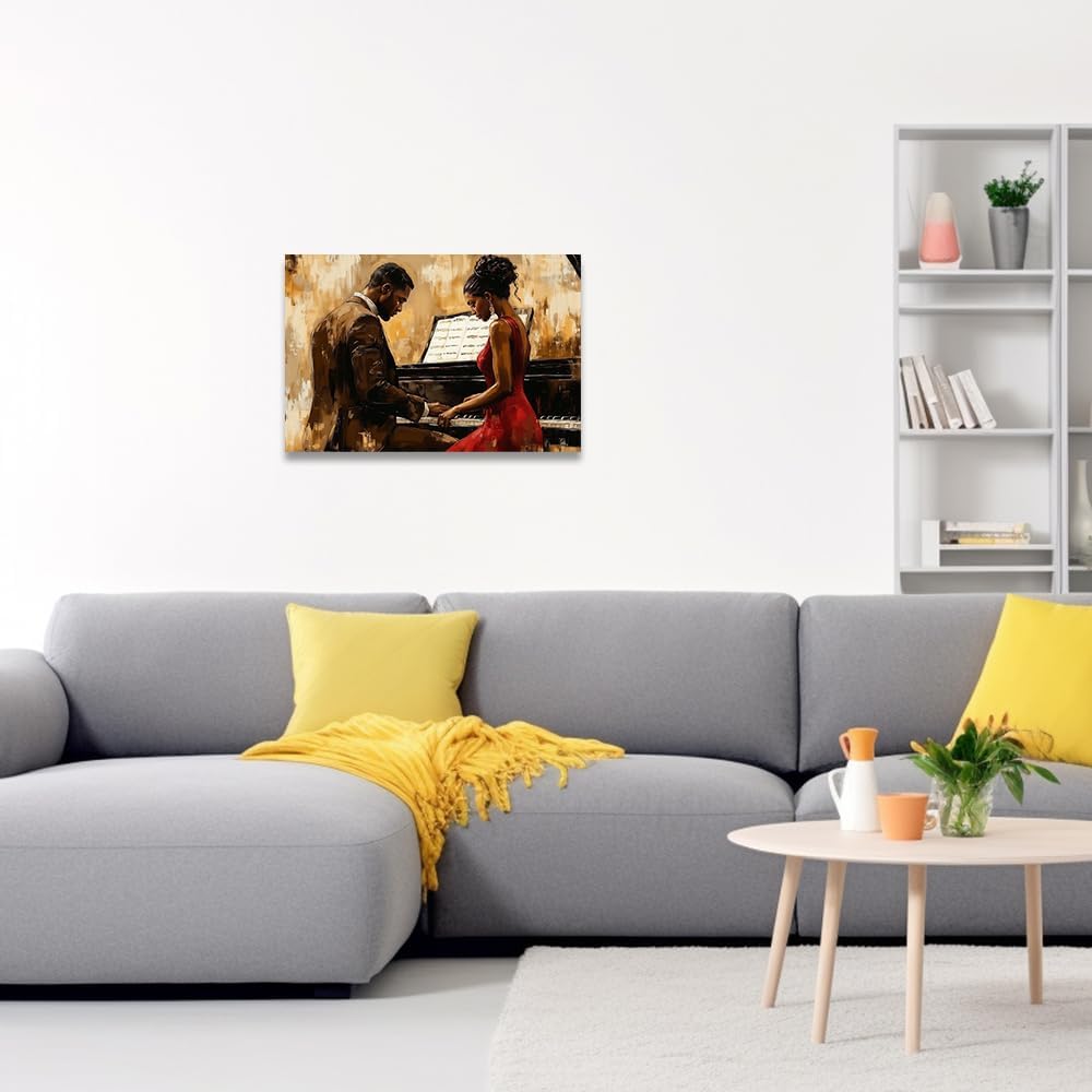 QIXIANG Black Jazz Music Wall Art African American Canvas Prints Black Couple Playing the Piano Pictures Musical Instruments Painting Decor Frame(Brown,12L x 18W)