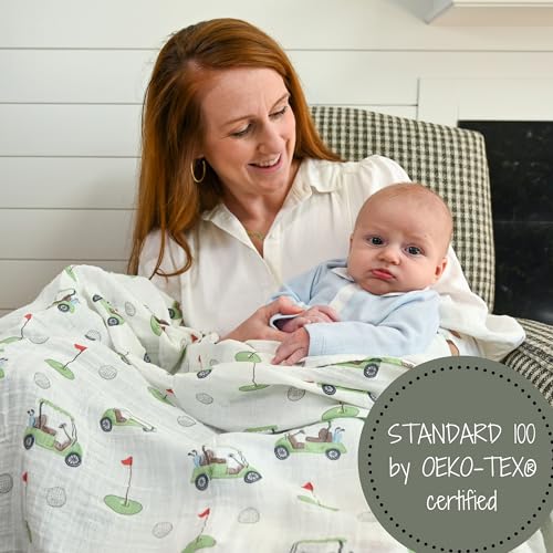 Image of LollyBanks Swaddle Blanket 100% Cotton, 2 Pack Muslin Swaddle Blankets, 47 x 47 inches Baby Swaddles for Boys and Girls, Lightweight Baby Blanket, Registry (Golf Print)