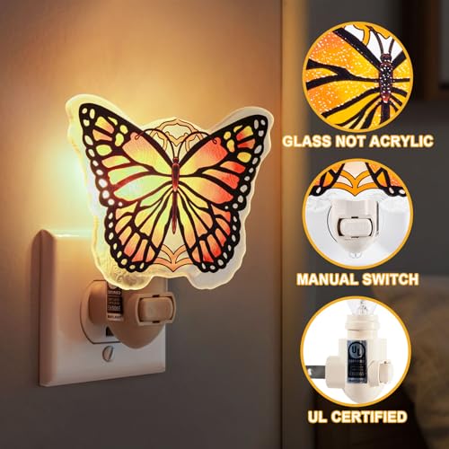 Image of Monarch Butterfly Night Light Plug into Wall - Made with Real Glass, Stained Glass Styled Nightlight for Hallway, Nursery, Bedroom, Bathroom, Kitchen, Stairway - Nature Inspired Accent Home Decor