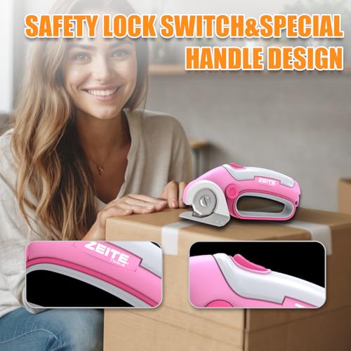 Image of ZEITE 4V Cordless Electric Scissors Cardboard Cutter with 2 x Blades,1 x Storage Case,1 x USB Charging Cable,Rotary Cutter for Box Plastic Carpet Fabric, Easy to Hold and Safety,Pink