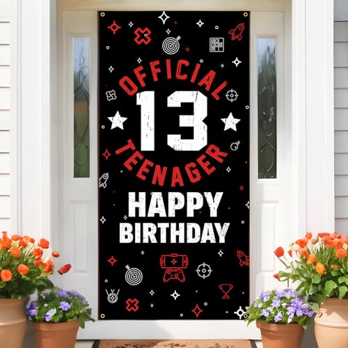 PHXEY Happy 13th Birthday Decoration for Boys Girls, Fabric Official Teenager Backdrop Banner Red White, 13 Year Old Birthday Party Yard Sign Photo Props Door Decor Supplies for Outside Inside