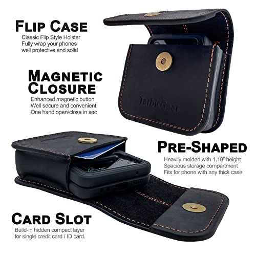 Tarbicgear Phone Holster For Z Flip 4, Belt Clip Case For Samsung Galaxy Z Flip Series, Magnetic Closure Flap Holder For Motorola Razr Series, Western Real Leather Pouch On Belt, Black #TOP4