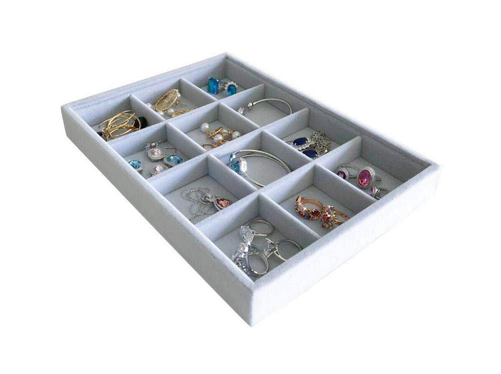 Svea Display Grey Velvet Stackable Organizer Premium Grade Fabric Soft Protection for Jewelry Collection Removable Rearrangeable 12-Grid Drawer Divider Small Space Storage Ring Necklace Earring