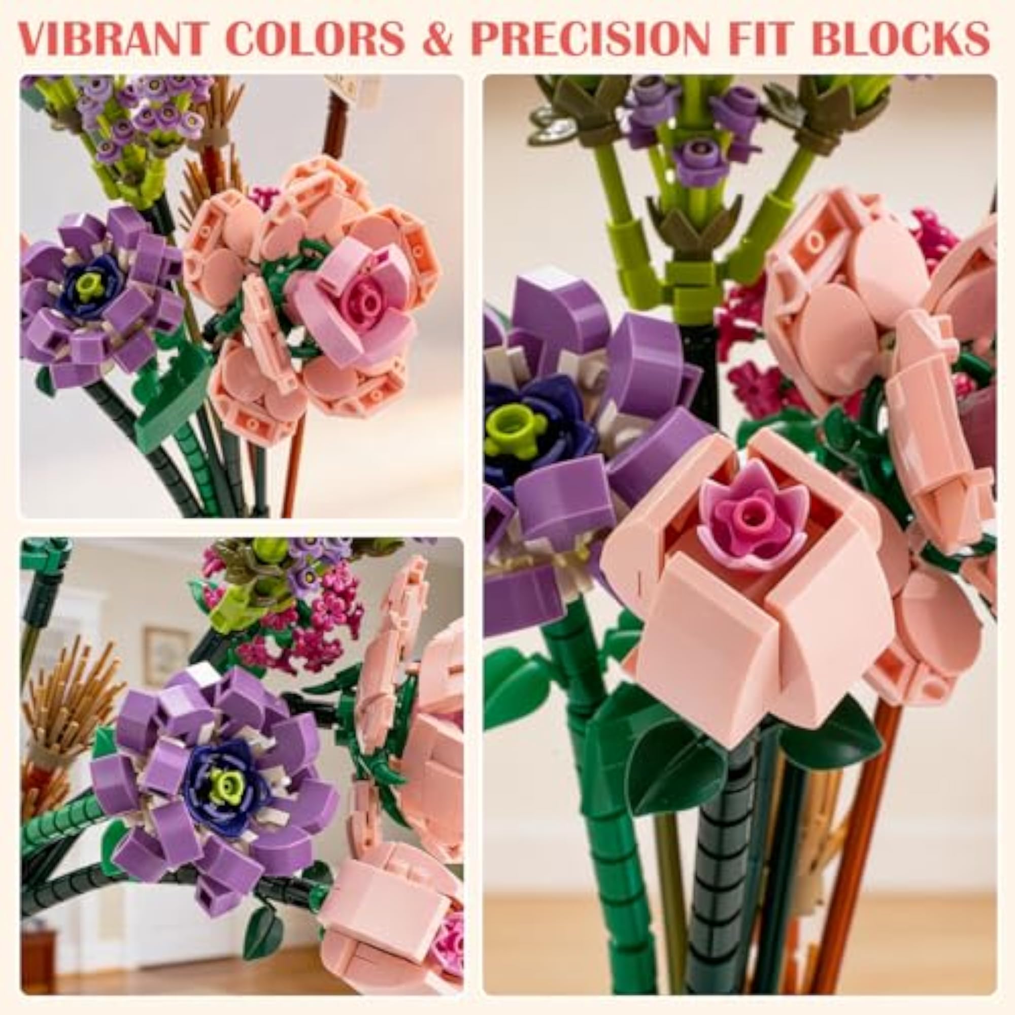 Artificial Flower Building Blocks Kit, Decorative Faux Flowers