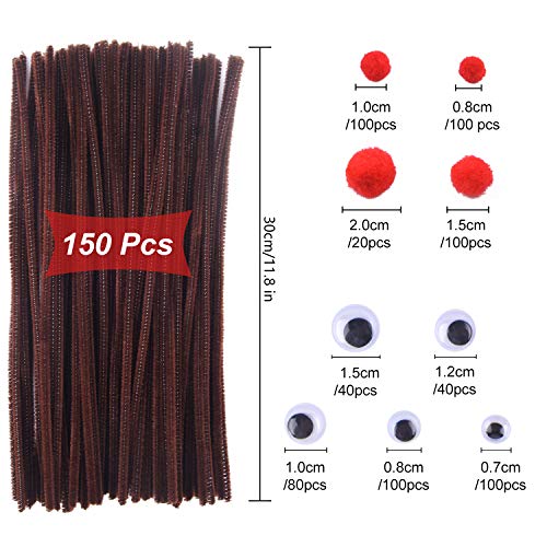 CHRORINE 830 Pcs Pipe Cleaners Craft Set, Brown Pipe Cleaners, Googly Eyes, Red Pom Poms for Christmas Reindeer DIY Crafts
