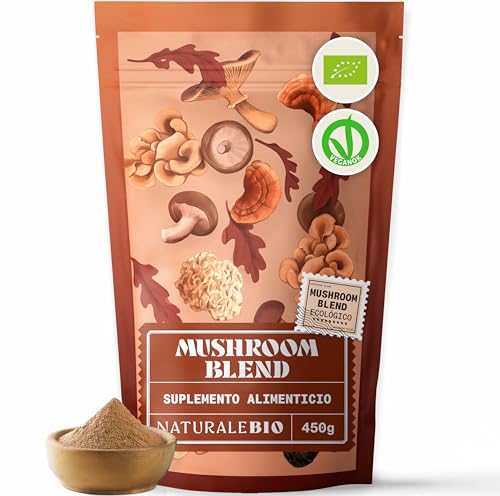 NaturaleBio Mezcla de setas en polvo de 450g. Aumenta la energía, mejora la función cognitiva, favorece la salud intestinal y fortalece el sistema inmune. Ecológica, vegana, sin gluten y sin OGM.