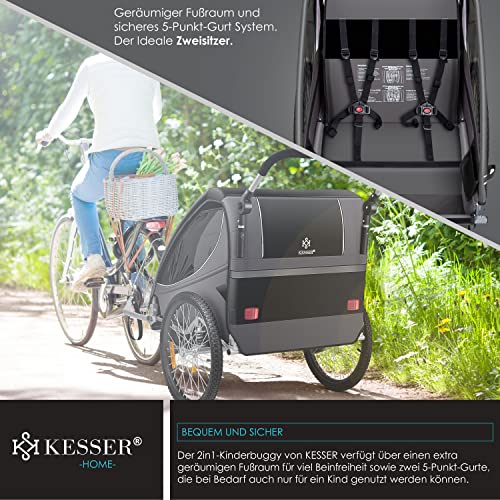 KESSER® Kinderanhänger Fahrradanhänger 360° Drehbar mit Federung 2in1 Joggerfunktion Kinderfahrradanhänger + 5-Punkt Gurt Jogger Fahrrad Anhänger für 1 bis 2 Kinder max. 40kg Inkl. Warnfahne, Schwarz