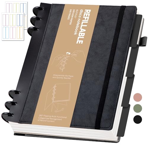 Yoment Lined Spiral Journal Notebook for Work 8.6 x 12 Hardcover Notebook with Removable Dividers Tabs 240 Pages Discbound Notebook Colleged Ruled Large Spiral Journal for Women Men,Gift Box,Black