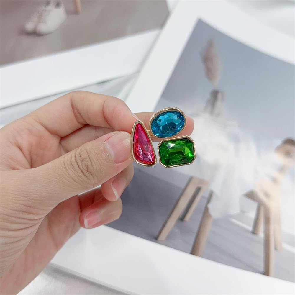 OIDIMS Fashion Tricolor Rhinestone Geometric Statement Rings for Women Adjustable Gold-Tone Plated Stacking Finger Rings Vintage Cubic Zircon Wedding Band Cocktail Party Boho Jewelry Accessories