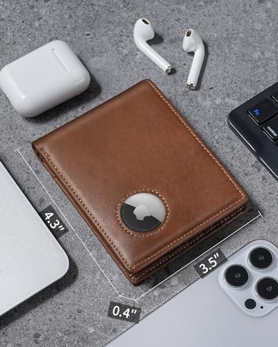 Image of AirTag Wallet for Men Genuine Leather Bifold Wallet with AirTag Holder RFID Blocking Wallet With 2 ID Window and 12 Cards Holders Gift Box (Airtag Not included) (Caramel Brown)