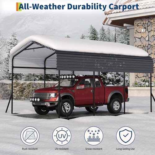 Image of GAOMON Metal Carport, Carport with Reinforced Base and Galvanized Steel Roof, Heavy Duty Garage Car Shelter Shade, Outdoor Car Port Canopy for SUV, Truck, Boats, 10x15 FT