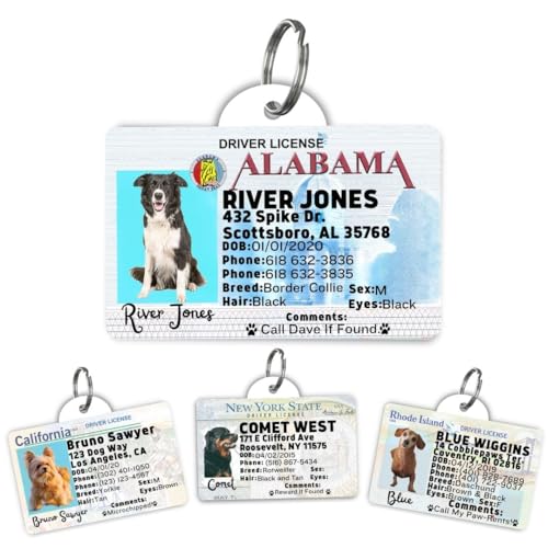 PawFurEver Personalized Dog Driver License ID Tag for Dogs & Cats - Custom Pet License Dog ID Tags Personalized Heavy Duty with Name, Photo & Phone Number, 50 States + DC (Alabama, Tag)