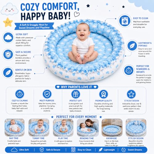 Image of Toddylon New Born Baby Reversible Bedding Set Cotton Mattress Nest (0-6 Months) Blue