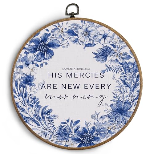 KTYHD Chinoiserie Round Wall Art, His Mercies Are New Every Morning Canvas Wall Art, Christian Blue and White Christian Bible Verse Flower Blue Christmas Wreaths Decor for Home Bedroom