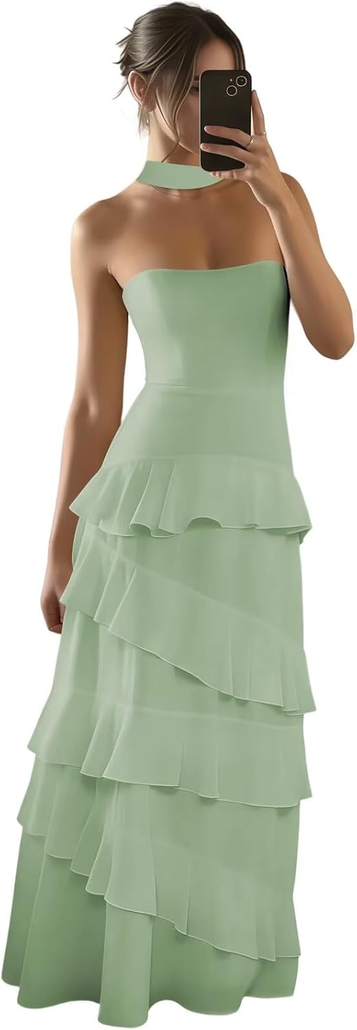 Tiered Prom Dresses with Scarf Ruffles Chiffon Strapless Formal Evening Party Dress