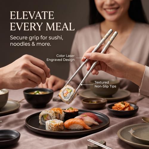 Image of RIANZ 304 Stainless Steel Korean Chopsticks 23.5 cm, Laser Engraved, 1 Pair (Style 6)