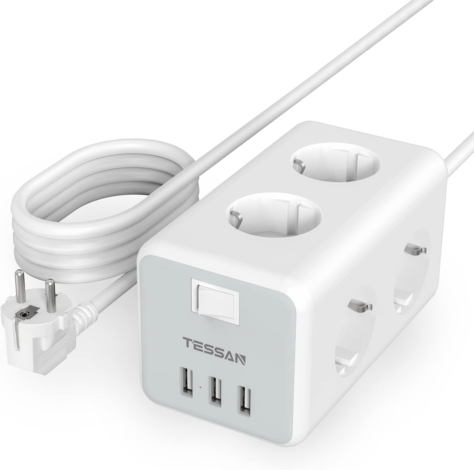 6 Way Power Strip with USB C, Multiple Power Strip with 3M Extension Cable and Switch, Multi-Plug Distribution Power Strip, Home Socket, 3M Extension Cord, 3600W 16A