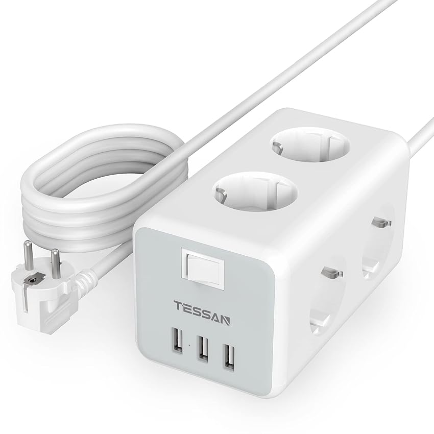 Immagine del prodotto TESSAN Ciabatta Multipresa con USB, Multipresa con 6 Prese e 3 USB, Multipresa Elettrica con Interruttore, Ciabatta Elettrica con Cavo 3M, Multipresa Shuko 3600W, Multipresa da Scrivania per Ufficio