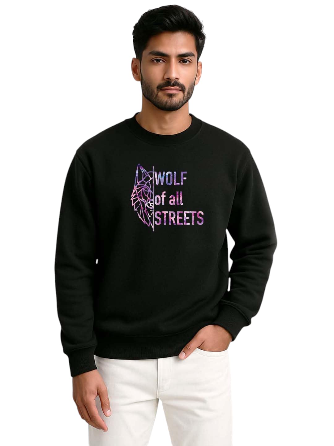 Wolf of All Streets Black Cotton Sweatshirt, Galaxy Gradient Print, Casual Streetwear Style, Crew Neck-image-37