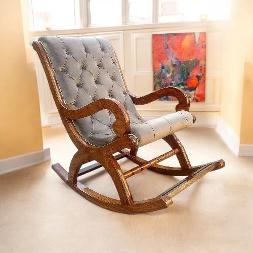 Image of Solid Sheesham Wood Rocking Chair for Living Room | Ergonomic Resting Chair for Relaxing and Pregnant Women (Black) (Grey)