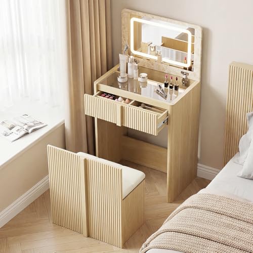 LINFLY Light Oak 3-in-1 Small Vanity Desk Compact Dresser with Stool