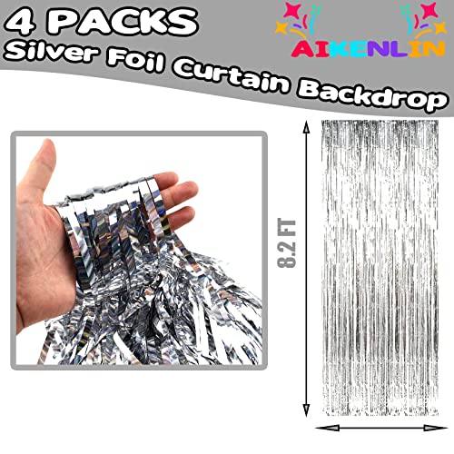 Image of 4 Pack 3.2Ft x 8.2Ft Silver Foil Fringe Curtain Backdrop, Metallic Tinsel Foil Fringe Streamers Curtains Background for Photo Booth, Birthday, Wedding, Halloween, Christmas Party Decoration