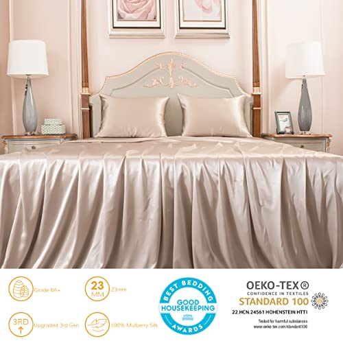 Promeed 22 Momme Mulberry Silk Sheets Set 3Pcs, Grade 6A Natural Silk Bedding Set Includes Flat Sheet, Deep Pocket Fitted Sheet And Pillowcases, New 3Rd Gen Bed Linen Set (Champagne, Twin/Twin-Xl) #TOP1