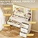 COMHOMA Vanity Desk with Mirror and Lights, Makeup Vanity Table with 4 Drawers & Storage Shelves, Large HD Mirror, 3 Color Modes & Adjustable Brightness, Modern Dressing Table for Bedroom, Pearl White